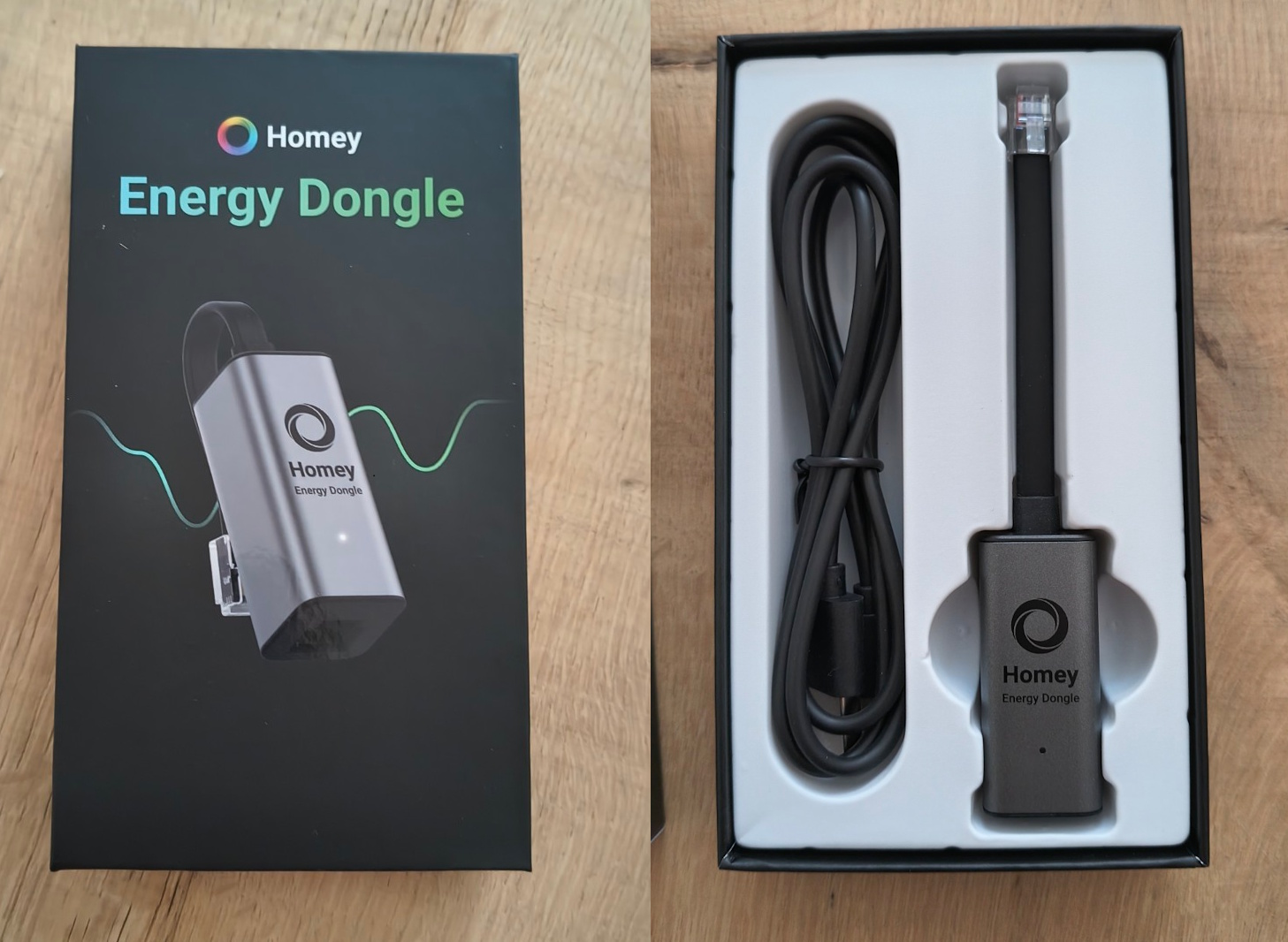 Homey Energy Dongle met USB-kabel in de verpakking